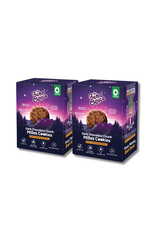 The Bettr Choice Millet Dark Chocolate Chunk Cookies - 100% Millets & Oats Blend, Jaggery Sweetened, No Maida, Gluten Free, No Added Refined Sugar, No Trans Fat, No Wheat | Healthy Snack - 2 Pack